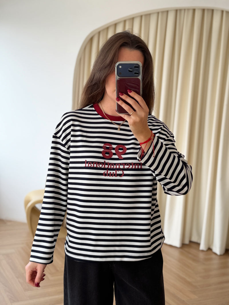 Sweat rayé marine liseré bordeaux