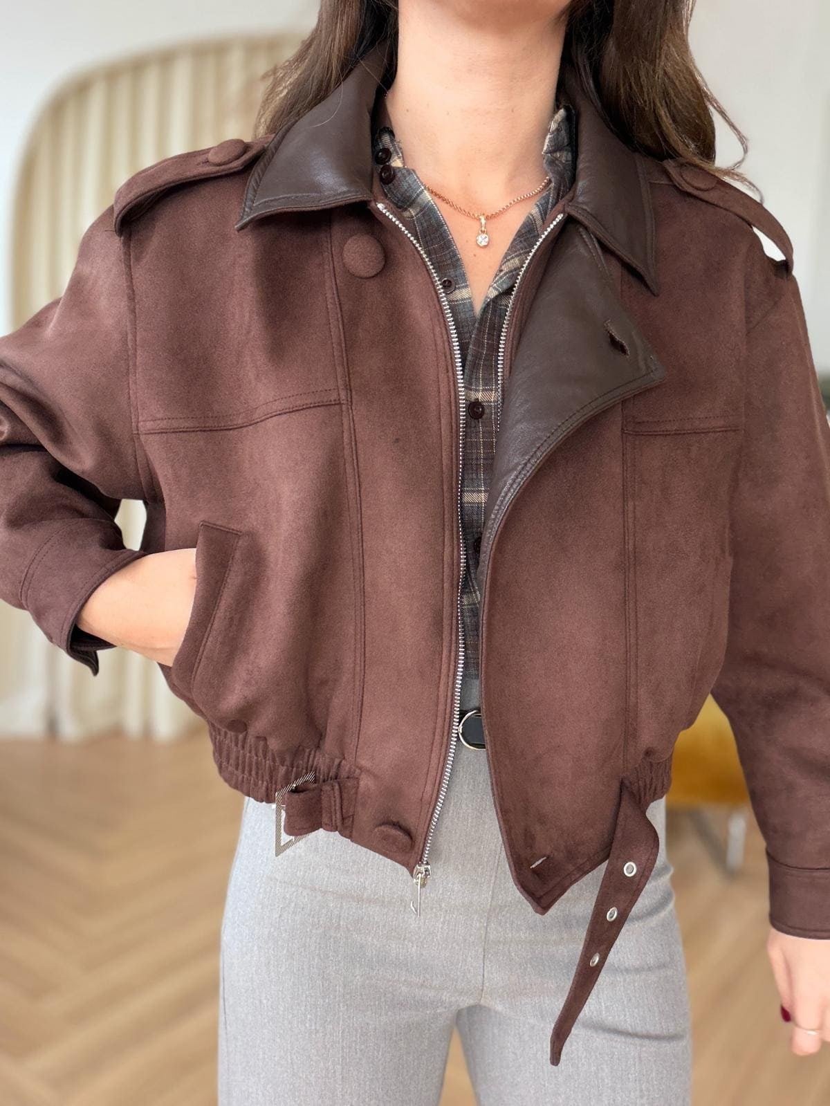Bomber en suédine à col cuir