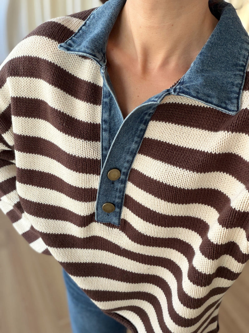 Pull rayé à col en jean
