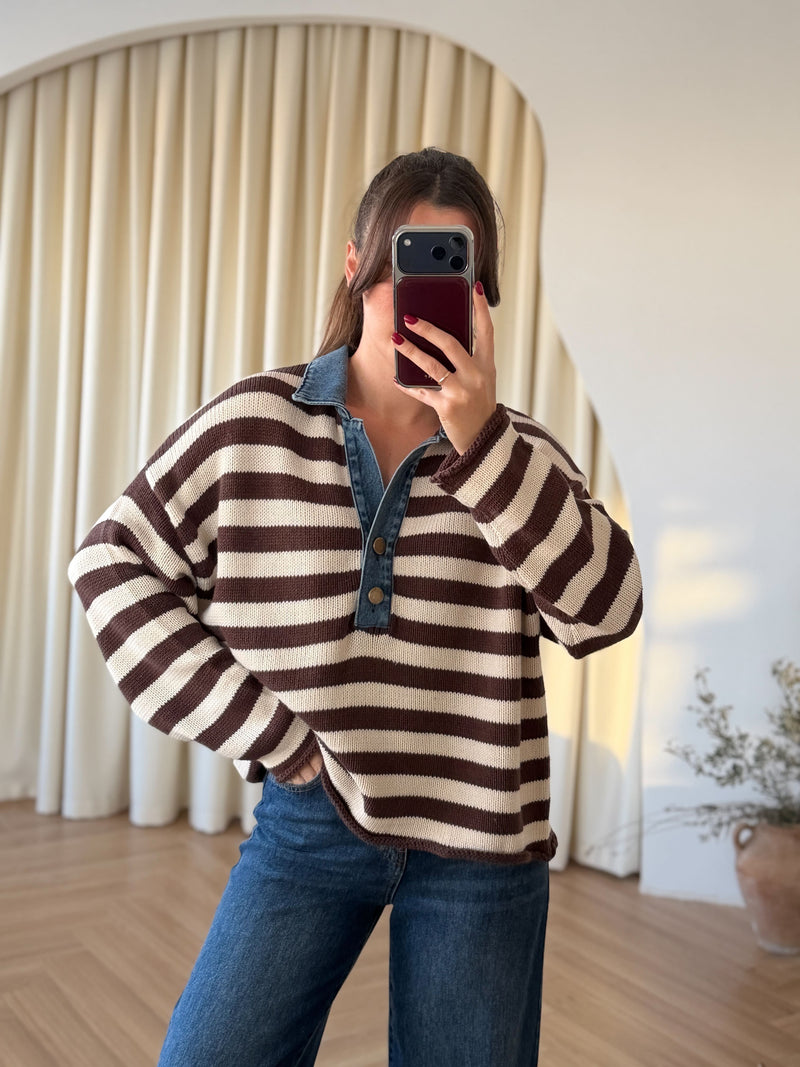 Pull rayé à col en jean