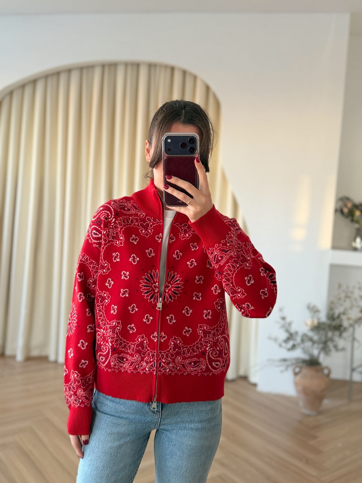 Cardigan double zip motif cachemire