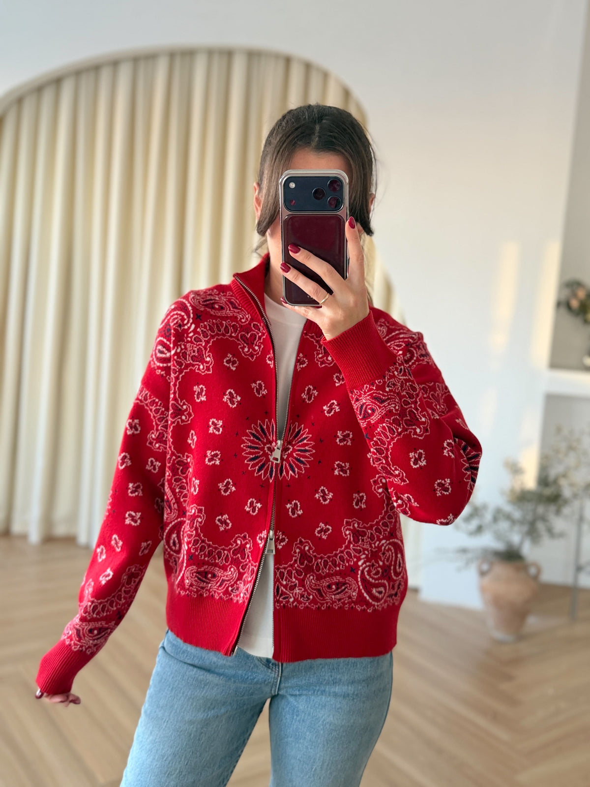 Cardigan double zip motif cachemire