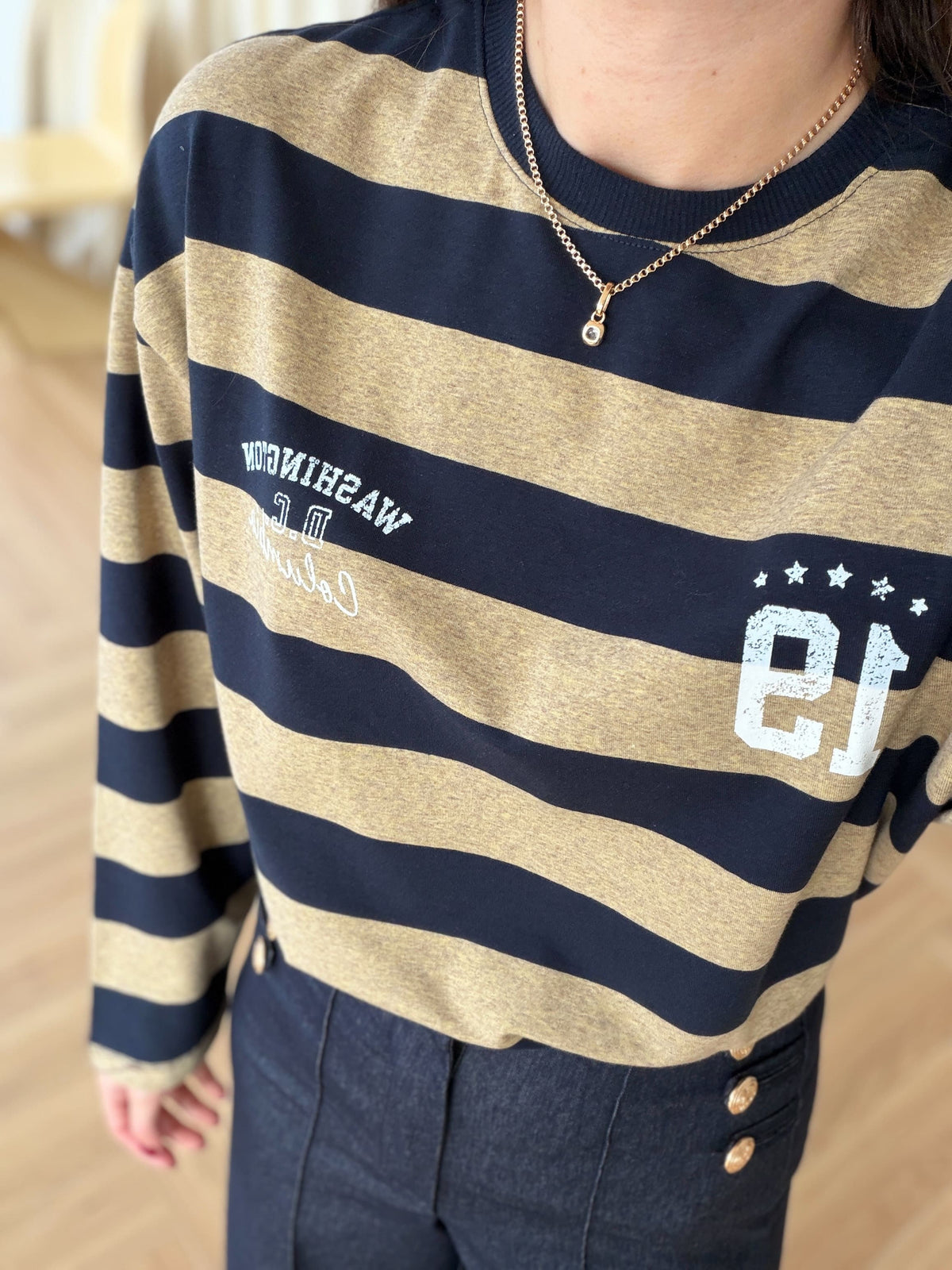 Sweat rayé taupe et marine